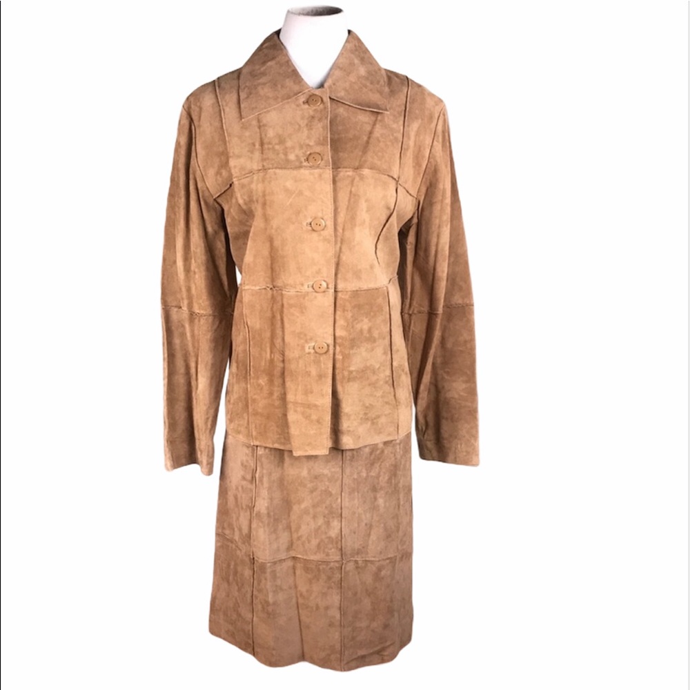 Originaux Par Pablo Camel Leather Skirt Suit
